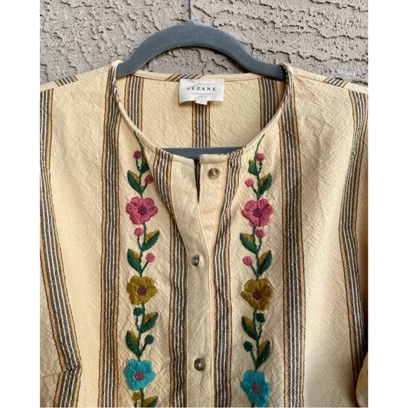 SEZANE Yellow Ecru Pink Striped Floral Embroidered Button Down Aina Blouse Shirt - Picture 9 of 16